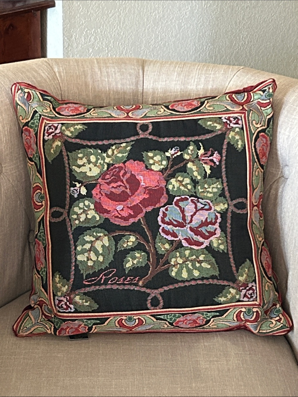Vintage Tapestry Throw Pillow Floral Roses Black 17” x 17”